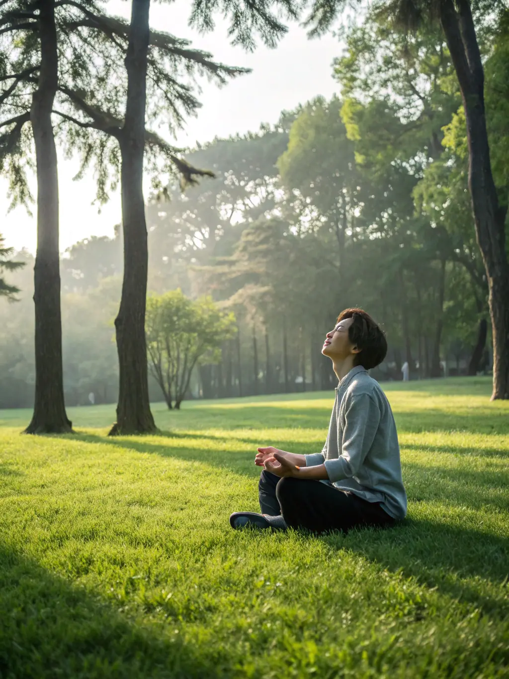 A person seated in a peaceful yoga pose, practicing deep breathing in a tranquil natural setting. Used to represent Pranic Breathing Techniques.