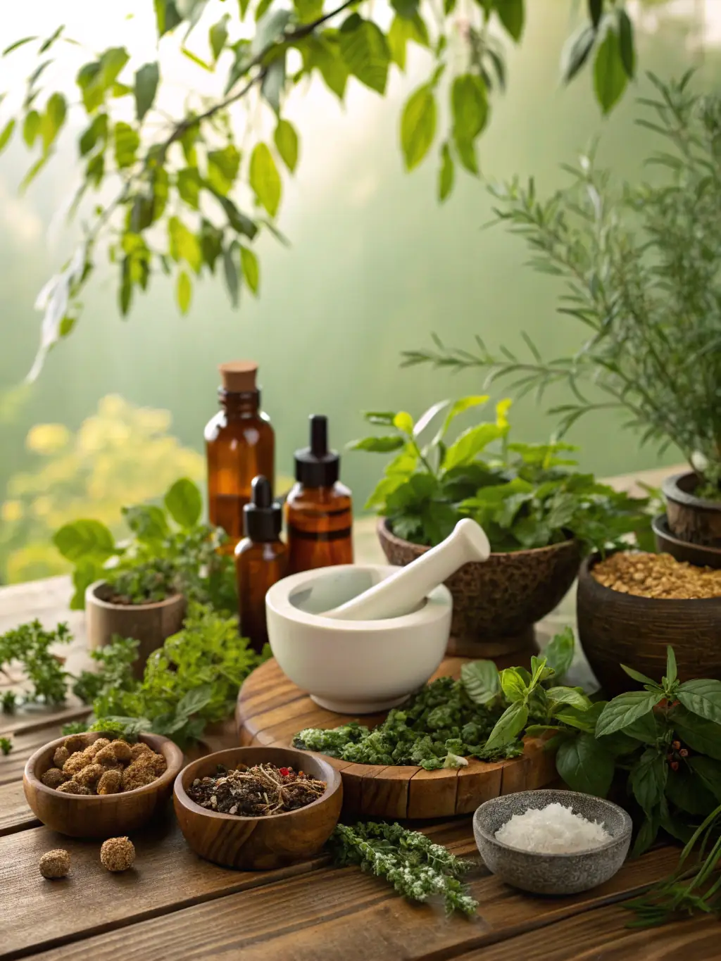 A collection of dried herbs and tinctures displayed in glass jars, with a herbalist preparing remedies. Used to represent Herbal Phytotherapy.