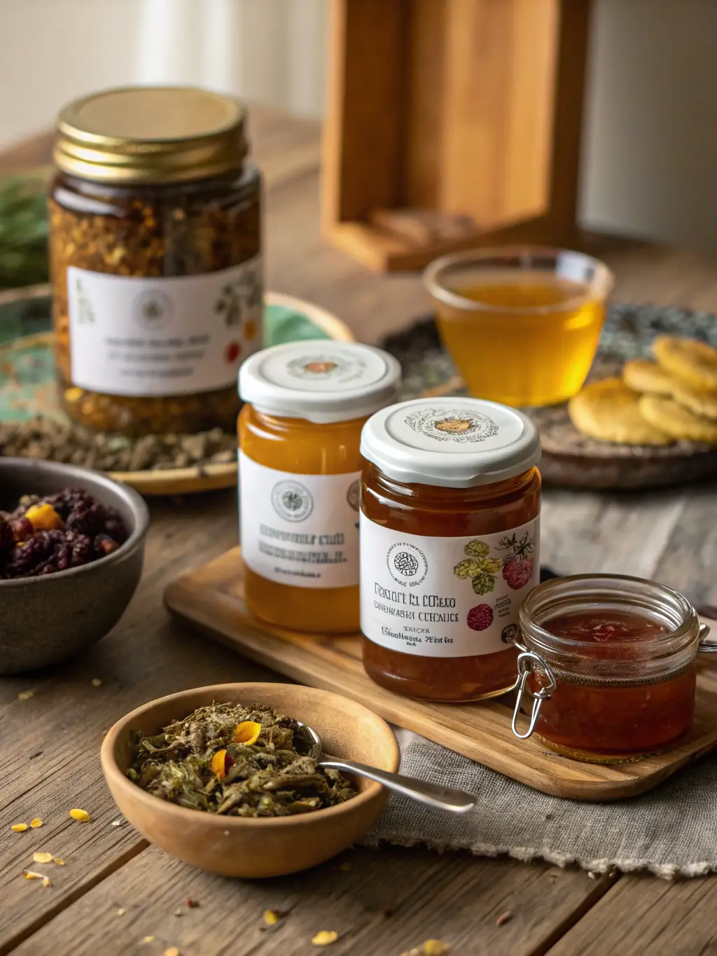 A colorful spread of fresh fruits, vegetables, and herbal teas on a rustic wooden table. Used to represent Intuitive Natural Nutrition.
